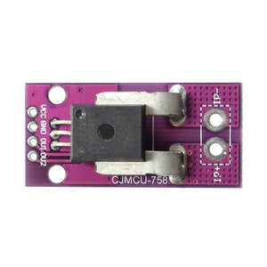 Hw-525 ACS758 50A Range Hall Effect Linear Current Sensor Module - a purple circuit board with a black integrated circuit, four pins, and two input ports.