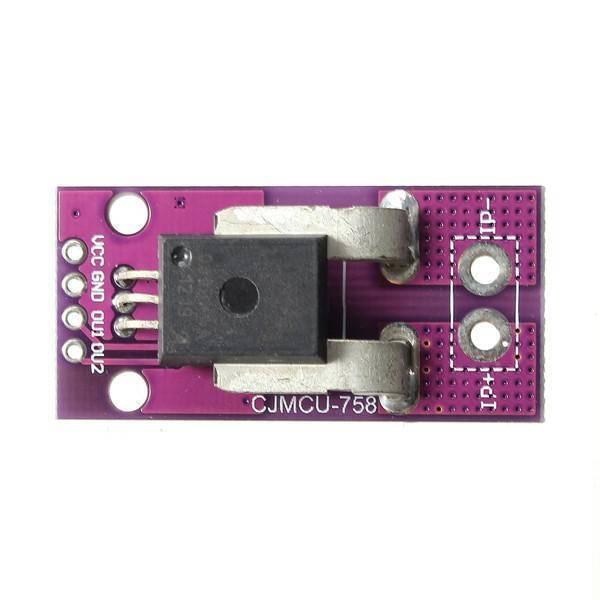 Hw-525 ACS758 50A Range Hall Effect Linear Current Sensor Module - a purple circuit board with a black integrated circuit, four pins, and two input ports.