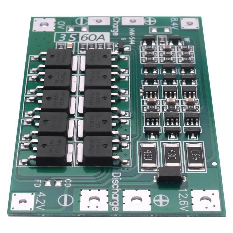 Hw-544 3s 11.1V 12.6V 60A 18650 Lithium Battery Protection Board With Equalization - a green rectangular circuit board with ten black MOSFETs, three resistors, and labeled connection pads.