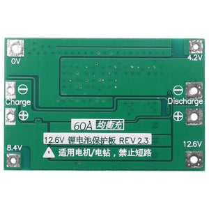 Hw-544 3s 11.1V 12.6V 60A 18650 Lithium Battery Protection Board With Equalization - a rectangular green circuit board with labeled solder pads for 0V, 4.2V, 8.4V, 12.6V, Charge, and Discharge.