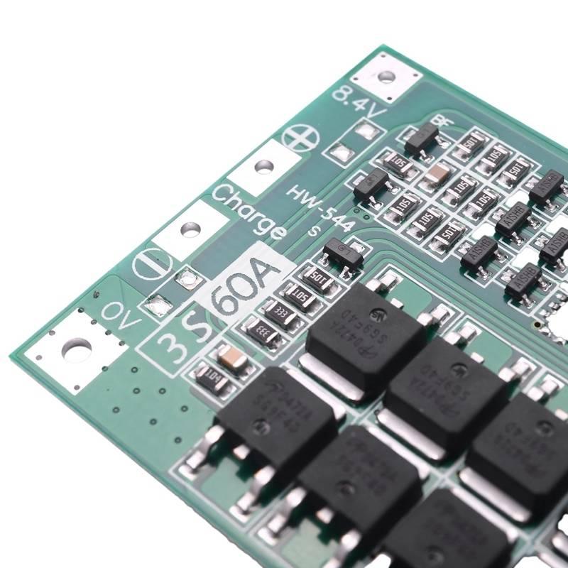 Hw-544 3s 11.1V 12.6V 60A 18650 Lithium Battery Protection Board With Equalization - a close-up of a green circuit board featuring labeled 0V, 8.4V, and Charge terminals with mounted chips.