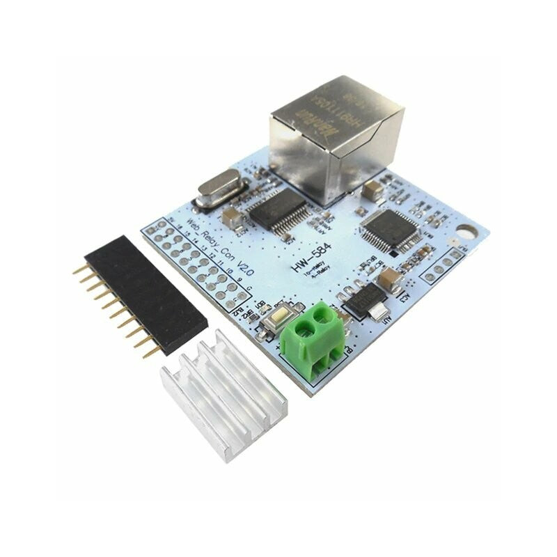 Hw-584 RJ45 Network Internet Io For 16x 5V Relays ENC28J60 - a light blue circuit board with an RJ45 port, a green screw terminal, a push button, and a heatsink.