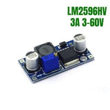 Hw 677 LM2596HV Adjustable Step Down DC To DC Buck Converter Module - a blue rectangular circuit board with a potentiometer, inductor, and capacitors.