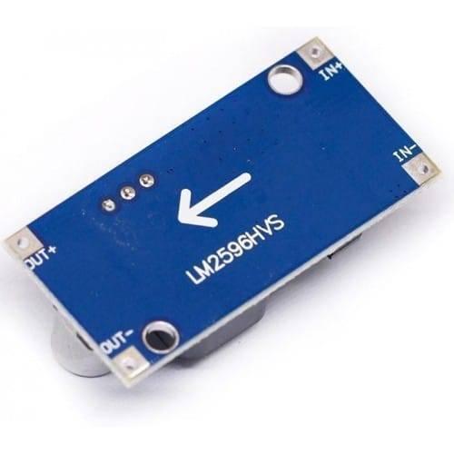 Hw 677 LM2596HV Adjustable Step Down DC To DC Buck Converter Module - a blue rectangular circuit board with labeled IN+, IN-, OUT+, and OUT- terminals.