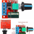 Hw-687 5A Mini DC Motor PWM Speed Controller Module DC Dimmer - the red circuit board, blue terminal block, green potentiometer, and speed control knob.