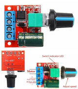 Hw-687 5A Mini DC Motor PWM Speed Controller Module DC Dimmer - the red circuit board, blue terminal block, green potentiometer, and speed control knob.
