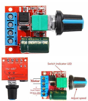 Hw-687 5A Mini DC Motor PWM Speed Controller Module DC Dimmer - the red circuit board, blue terminal block, green potentiometer, and speed control knob.
