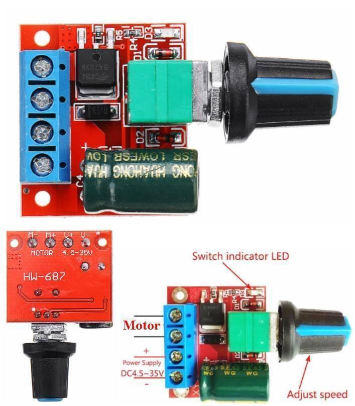 Hw-687 5A Mini DC Motor PWM Speed Controller Module DC Dimmer - the red circuit board, blue terminal block, green potentiometer, and speed control knob.