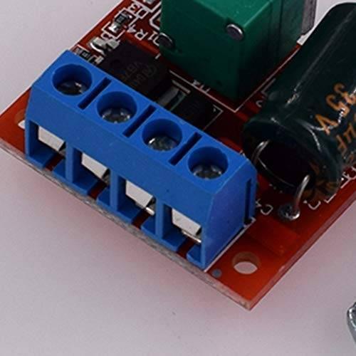 Hw-687 5A Mini DC Motor PWM Speed Controller Module DC Dimmer - close-up of the blue four-terminal screw connector block on the red circuit board.