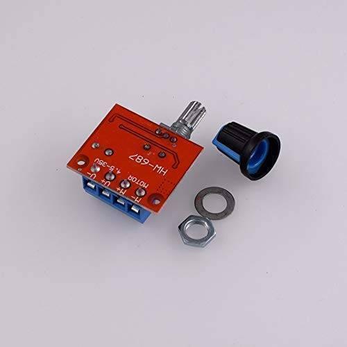Hw-687 5A Mini DC Motor PWM Speed Controller Module DC Dimmer - shown with its red circuit board, blue screw terminals, metal potentiometer, knob, nut, and washer.