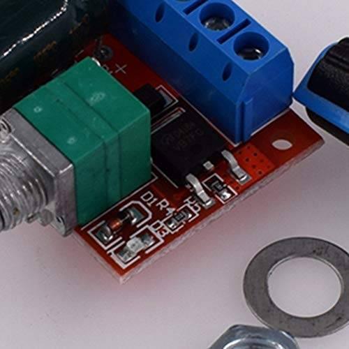 Hw-687 5A Mini DC Motor PWM Speed Controller Module DC Dimmer - a red circuit board with a green rotary knob, blue screw terminals, and a metal washer.