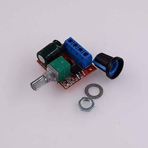 Hw-687 5A Mini DC Motor PWM Speed Controller Module DC Dimmer - a red circuit board with a blue screw terminal, a green potentiometer, a capacitor, and a knob.