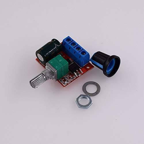 Hw-687 5A Mini DC Motor PWM Speed Controller Module DC Dimmer - a red circuit board with a blue screw terminal, a green potentiometer, a capacitor, and a knob.