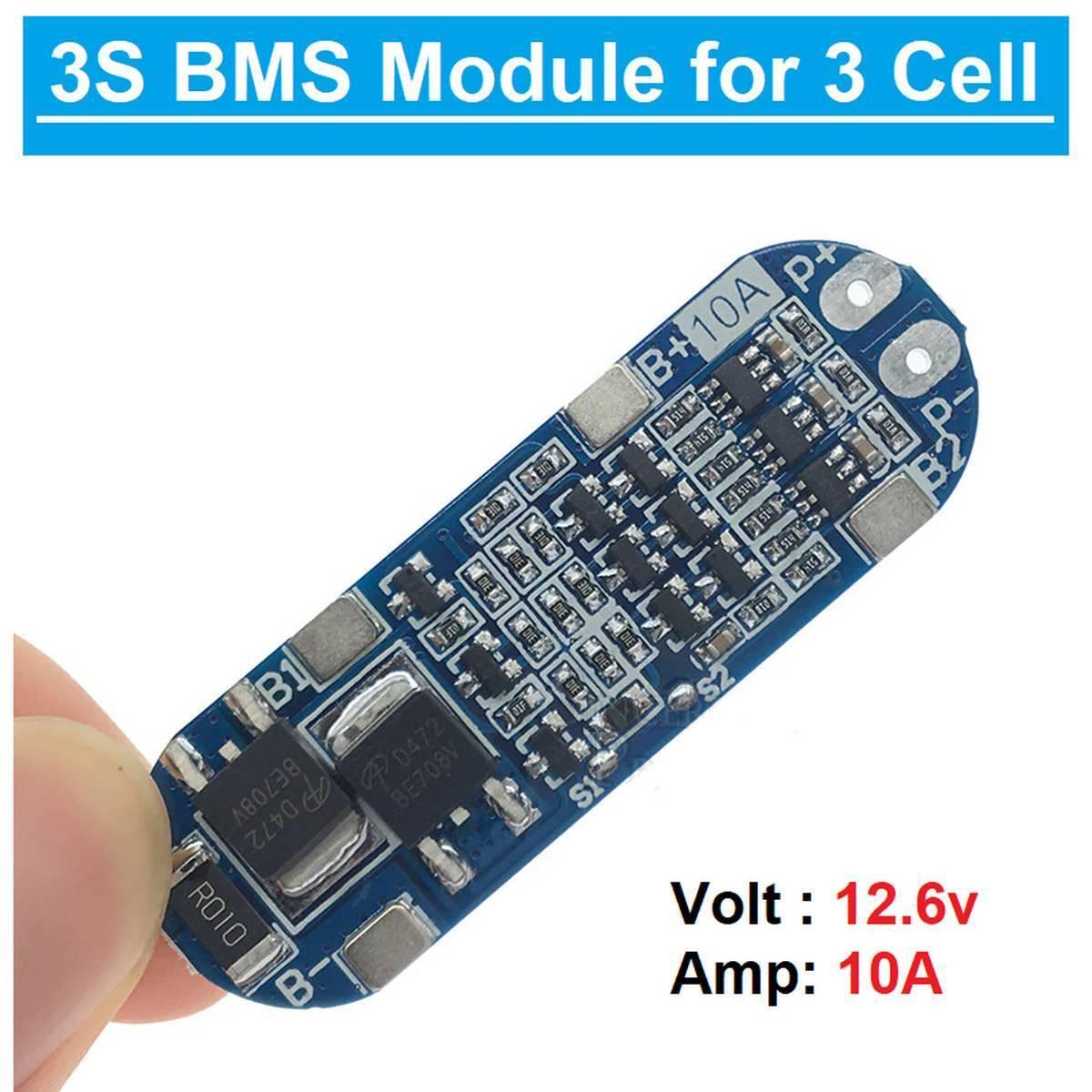 Hx-3s-1 Lithium Battery 3s 12V 10A Charge Protection Board BMS Pcm For 18650 Li-ion Cells Charging - a blue rectangular circuit board with labeled solder pads B-, B1, B+, P+, P-, and surface-mounted components.