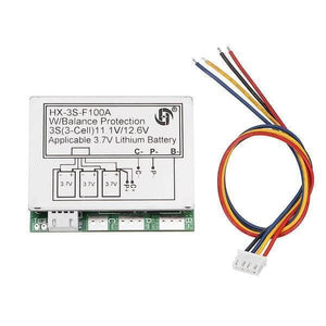 HX-3s-F100A 100A 3s BMS 18650 Battery Protection Board - with a metal casing, connector ports, and an included four-wire ribbon cable with a white connector plug.
