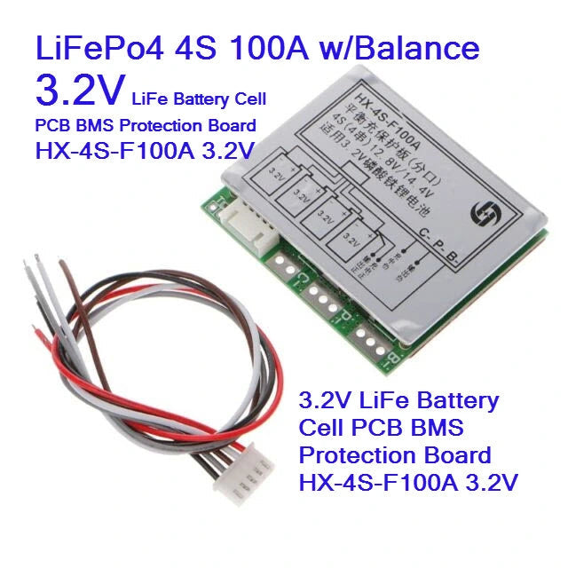 HX-4S-F100A 4S 12.8V/14.4V LiFePO4 BMS Protection Board with Balance - a green rectangular circuit board with a silver heatsink, a white connector port, and an included wire harness.