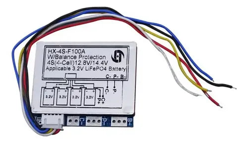 HX-4S-F100A 4S 12.8V/14.4V LiFePO4 BMS Protection Board with Balance - white label, four battery terminals, C-, P-, and B- ports, and a multi-coloured wire harness attached.