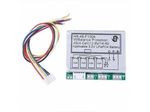 HX-4S-F100A 4S 12.8V/14.4V LiFePO4 BMS Protection Board with Balance - white connector, a bundle of five-colored wires, and a label showing wiring diagrams and technical specifications.