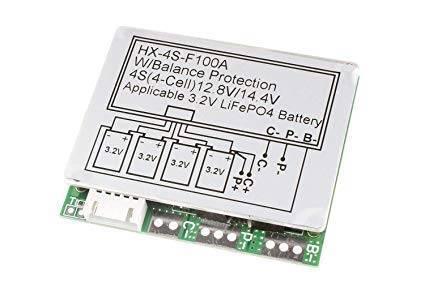 HX-4S-F100A 4S 12.8V/14.4V LiFePO4 BMS Protection Board with Balance - a green rectangular circuit board with a white connector and a label diagram showing wiring, terminals, and specifications.