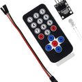 HX1838 Infrared Receiver Module Nec Code Compatible – IR Remote Sensor - a black IR remote with numeric and directional buttons, a receiver sensor board, an LED, and jumper wires.