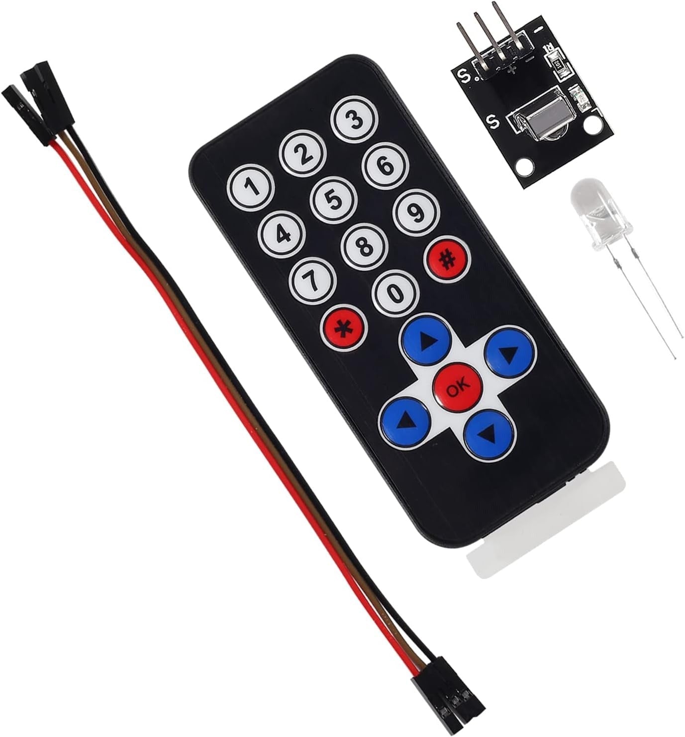 HX1838 Infrared Receiver Module Nec Code Compatible – IR Remote Sensor - a black IR remote with numeric and directional buttons, a receiver sensor board, an LED, and jumper wires.