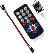 HX1838 Infrared Receiver Module Nec Code Compatible – IR Remote Sensor - a black IR remote with numeric and directional buttons, a receiver sensor board, an LED, and jumper wires.