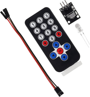 HX1838 Infrared Receiver Module Nec Code Compatible – IR Remote Sensor - a black IR remote with numeric and directional buttons, a receiver sensor board, an LED, and jumper wires.