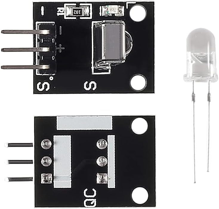 HX1838 Infrared Receiver Module Nec Code Compatible – IR Remote Sensor - the black circuit board from the top and bottom, along with a separate clear infrared LED component.