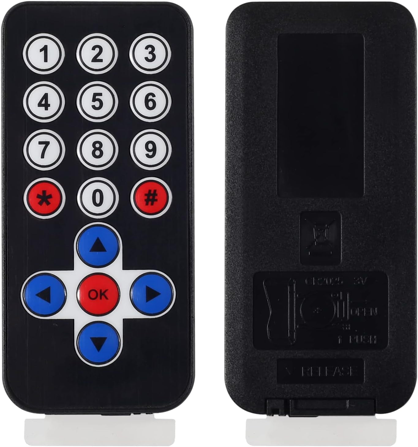 HX1838 Infrared Receiver Module Nec Code Compatible – IR Remote Sensor - the front side with a numeric keypad and directional buttons, and the back side with a battery compartment.