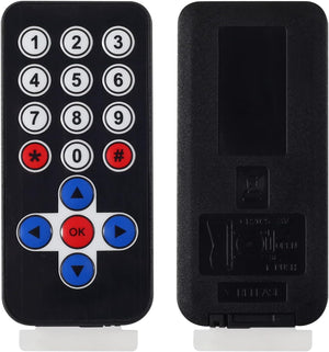 HX1838 Infrared Receiver Module Nec Code Compatible – IR Remote Sensor - the front side with a numeric keypad and directional buttons, and the back side with a battery compartment.