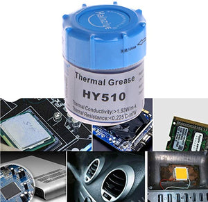 HY510 10G Heat Sink Thermal Paste Thermal Conductive Grease Paste Thermal Grease - a blue-capped jar of heat sink paste surrounded by collage images of computer components, a circuit board, and an LED chip.