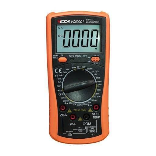 HY890C+ Digital Multimeter - an orange and black handheld device with a central rotary dial, input ports, and a digital display showing 0000.