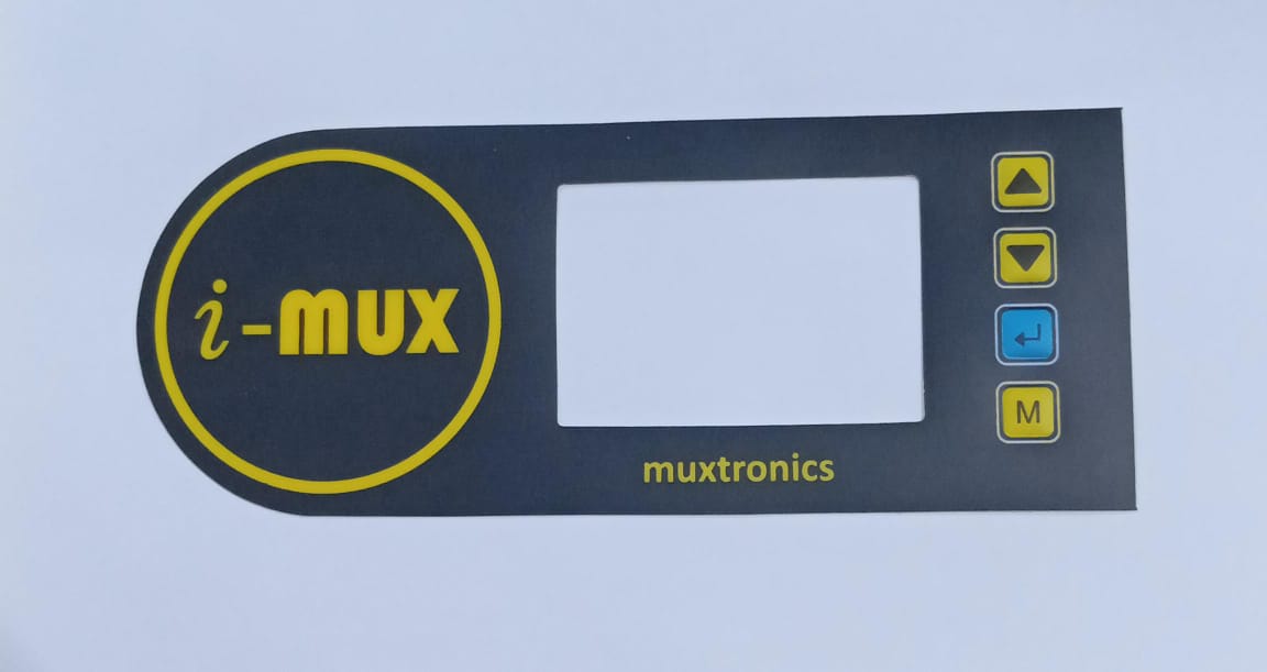 Hybride LCD Sticker Idm-3 Sticker For Graphical LCD Based Local Solar Inverter - a black rectangular overlay with a circular i-mux logo, a central display cutout, and four buttons on the right side.