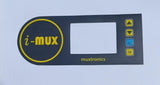 Hybride LCD Sticker Idm-3 Sticker For Graphical LCD Based Local Solar Inverter - a black rectangular overlay with a circular i-mux logo, a central display cutout, and four buttons on the right side.