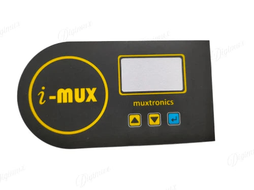 Hybride LCD Sticker Idm-7 Sticker For Graphical LCD Based Local Solar Inverter - a black rectangular sticker with a rounded left side, featuring an "i-mux" logo, a blank display window, and three buttons.
