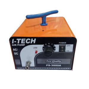 I-tech Air Pump - PS-3000A in orange, featuring a blue handle, a power switch, an adjustable knob, an LED indicator, and a metal air outlet port.