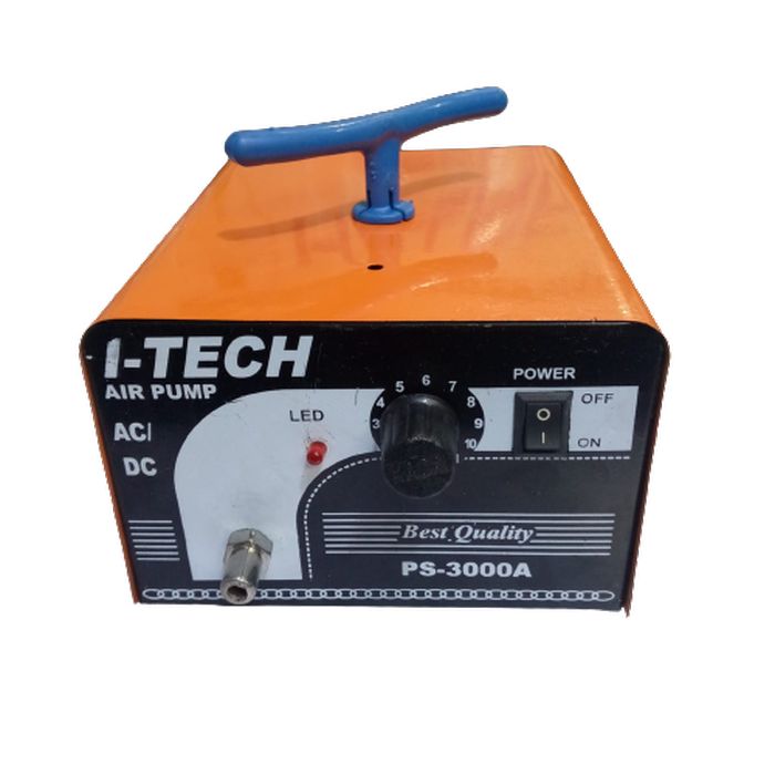 I-tech Air Pump - PS-3000A in orange, featuring a blue handle, a power switch, an adjustable knob, an LED indicator, and a metal air outlet port.