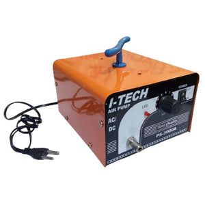 I-tech Air Pump - PS-3000A in orange, featuring a power switch, an adjustable air control knob, a red LED indicator, an air outlet port, and a power cord.