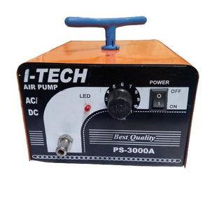 I-tech Air Pump - PS-3000A in an orange metal housing with a blue handle, featuring a power switch, an air output nozzle, an LED, and a control knob.