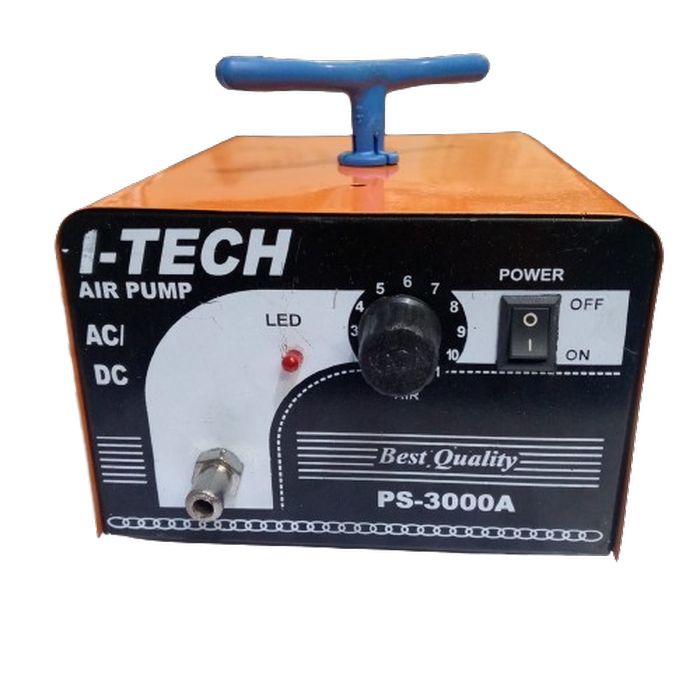 I-tech Air Pump - PS-3000A in an orange metal housing with a blue handle, featuring a power switch, an air output nozzle, an LED, and a control knob.