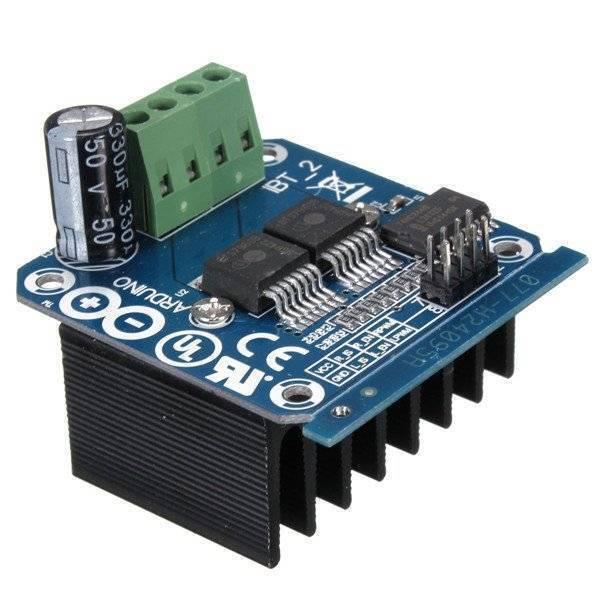 IBT2 BTS7960B BTS7960 43A H-bridge Motor Driver Module For Arduino - a blue circuit board, a green terminal block, a black heatsink, and a 330uF 50V capacitor.