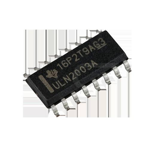 IC Uln 2003 - SMD - a black rectangular integrated circuit chip with eight silver-colored metal pins on each side and text printed on the top surface.