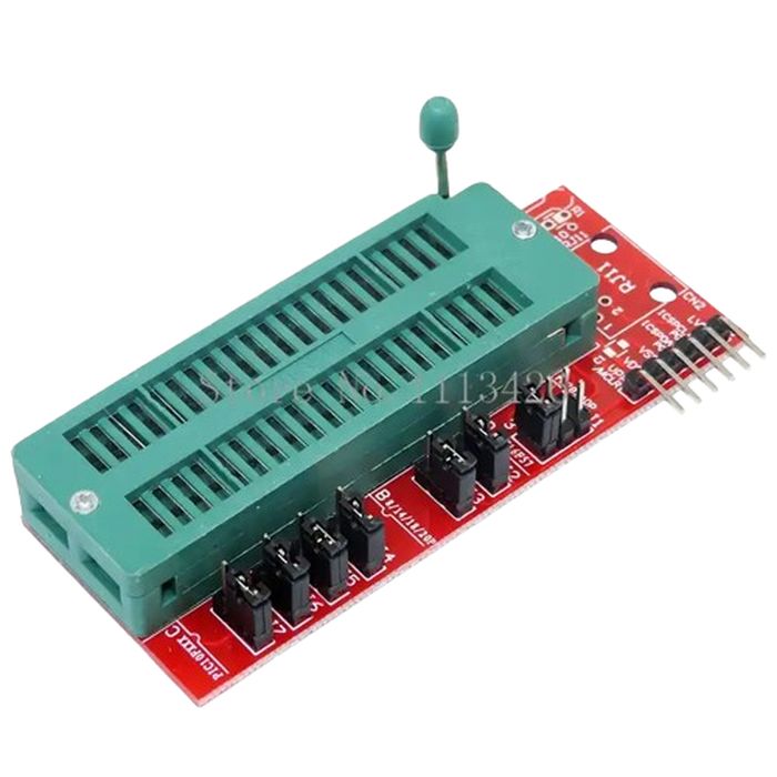 ICD2 Pickit2 Pic Kit 3 Programming Adapter Board Universal Programmer - a red PCB with a green ZIF socket, multiple black jumper headers, and a row of gold pin connectors.