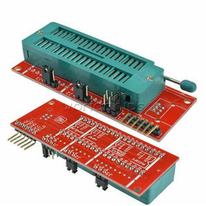 ICD2 Pickit2 Pic Kit 3 Programming Adapter Board Universal Programmer - two red circuit boards with a green ZIF socket, jumper headers, and a side-mounted lever.
