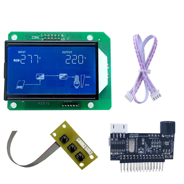 IDM8 Stm Sinewave Inverter Drive Module + Hybrid Style Display Board+ Cable Set - with a blue LCD display showing 277V input and 220V output, a button board, and a ribbon cable.