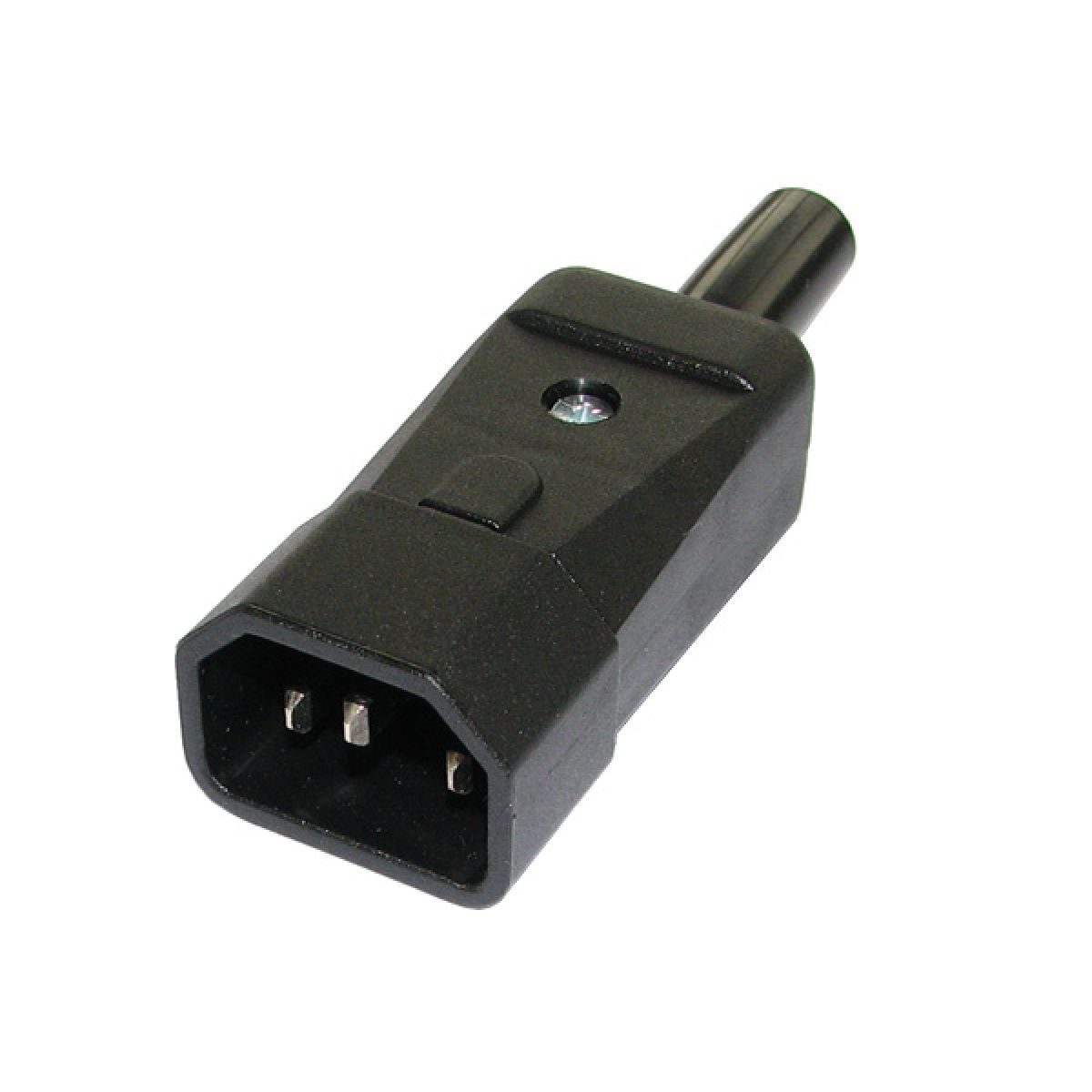 Iec C14 Re-wireable Male Power Connector - Black, 3-pin - black, three-pin, showing a single re-wireable male power plug with a screw on the top casing.
