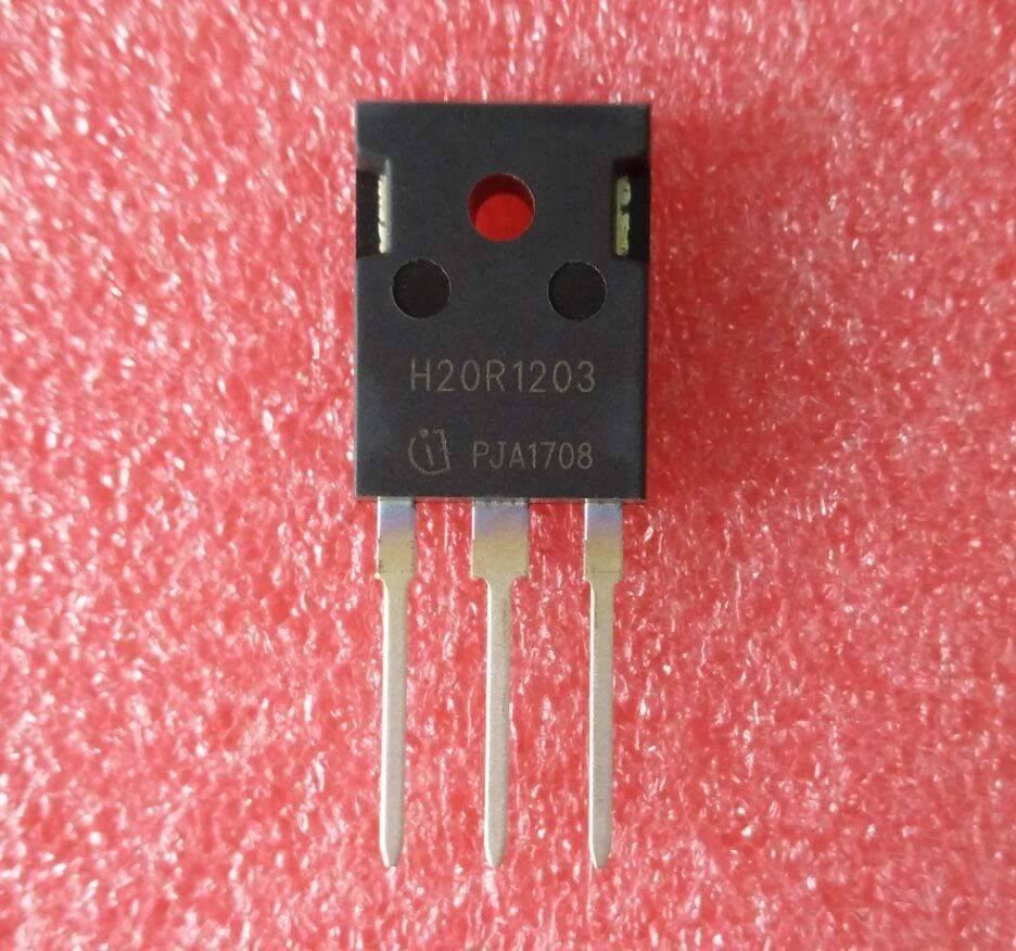 IGBT H20R1203 For Induction Cooker Repair refurbished - a black three-pin electronic component with the text H20R1203 and PJA1708 printed on its face, resting on a red textured surface.