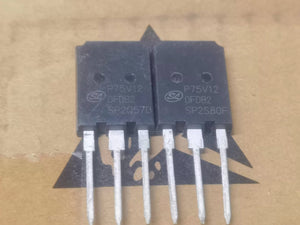 IGBT P75V120FDB2 - a close-up view of two identical black, three-pin electronic power transistors with model markings printed on their front surfaces.