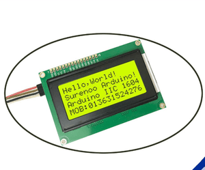Iic I2c Twi 164 1604 16x4 LCD Screen Module Character Series With Backlight For Arduino - a green rectangular display showing "Hello, World!" text, connected to a multi-colored ribbon cable.
