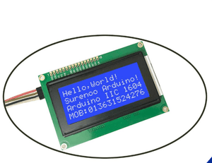 Iic I2c Twi 164 1604 16x4 LCD Screen Module Character Series With Backlight For Arduino - a green circuit board with a blue backlit display showing "Hello, World!" and other text, connected to wires.